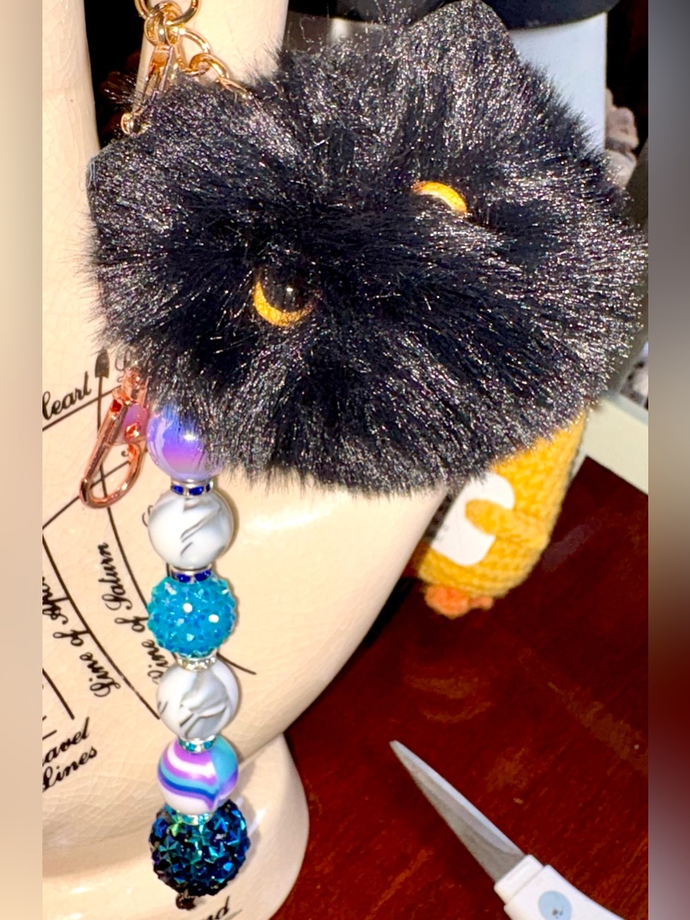 Black Faux Fur black cat Pom with Beaded bag charm keychain